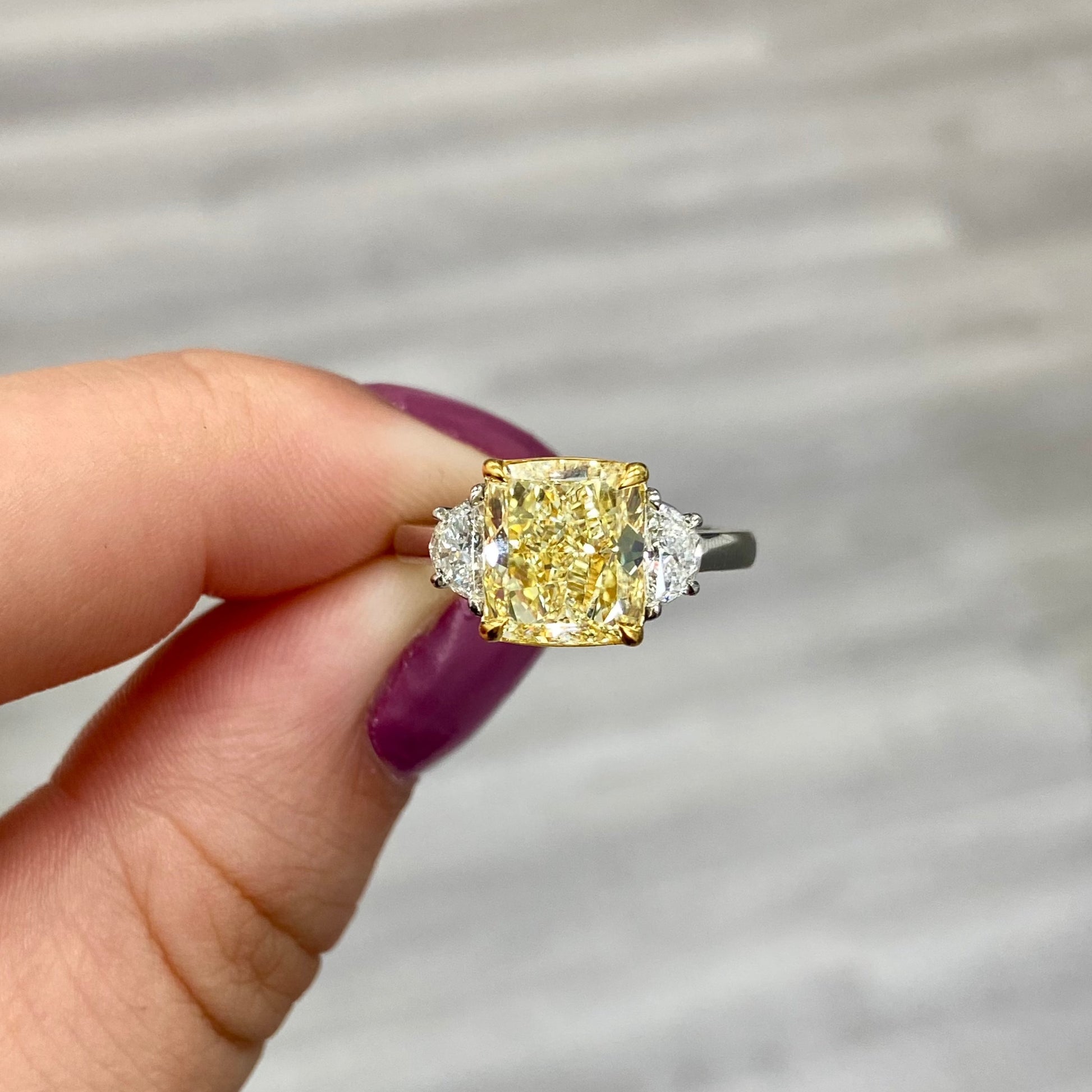 Fancy yellow diamond ring. Yellow diamond engagement ring. Canary diamond ring. Cushion cut engagement ring. Fancy yellow diamond. Yellow diamond 3 stone ring. Fancy yellow. Cushion diamond ring
