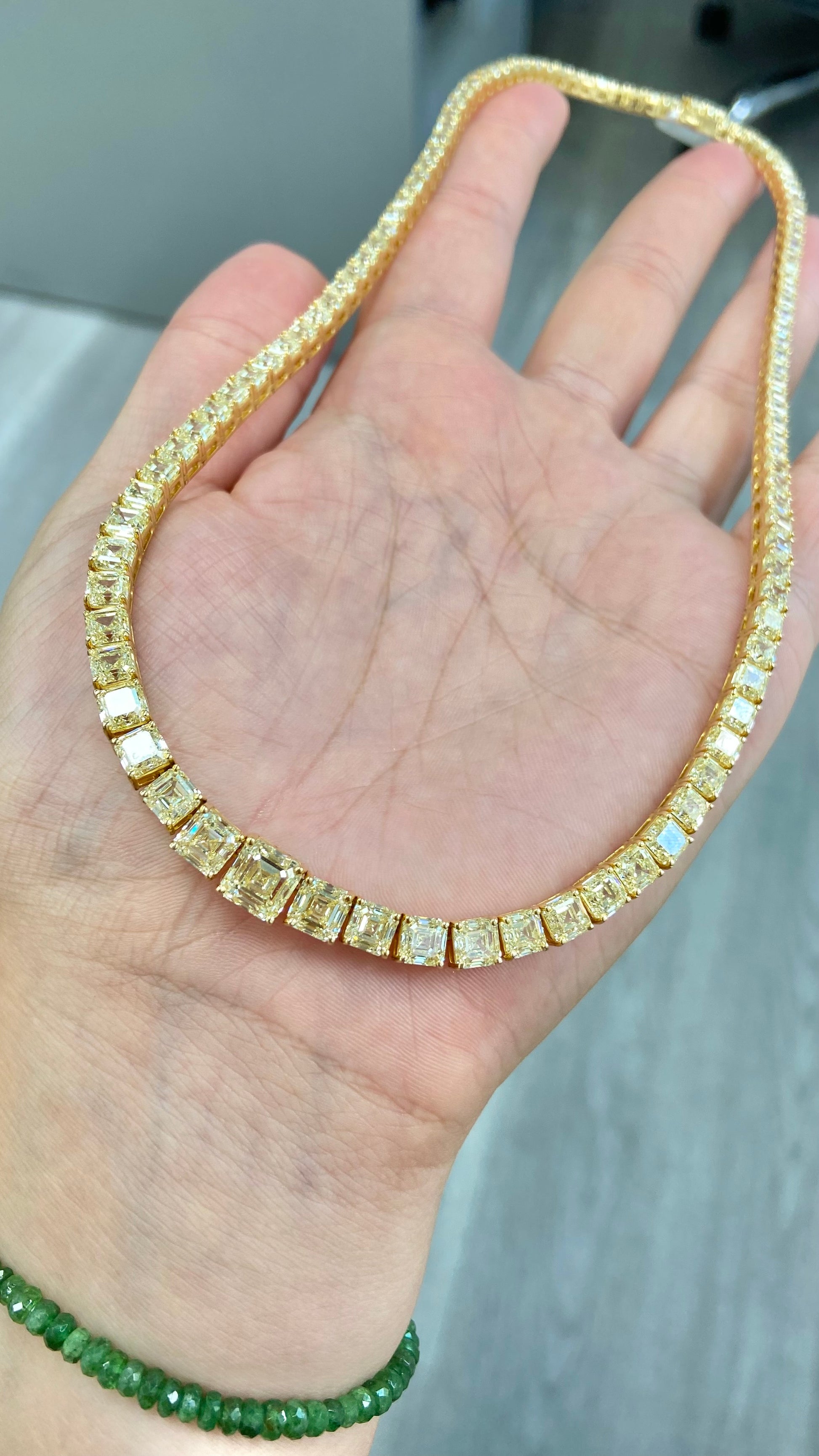 fancy yellow emerlad cut diamond riviera necklace