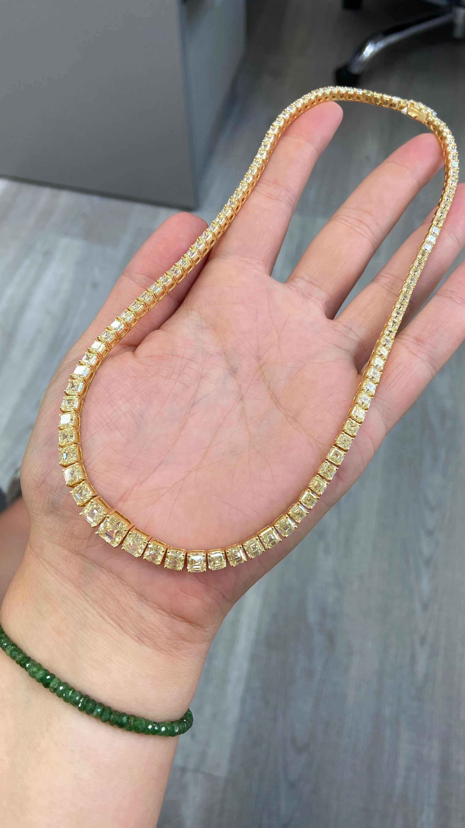 fancy yellow emerald cut diamond riviera necklace