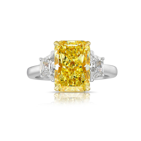 long radiant yellow diamond. yellow diamond ring. yellow diamond 3 stone ring. GIA yellow diamond ring.