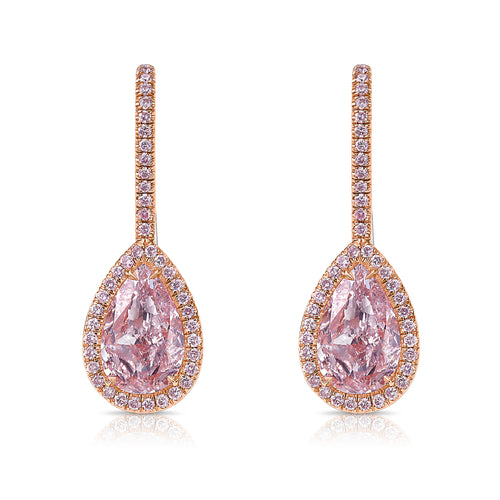 Handmade rose gold earrings featuring a rare matched pair of 2 carat each light pink pear shape diamonds and round pink diamonds