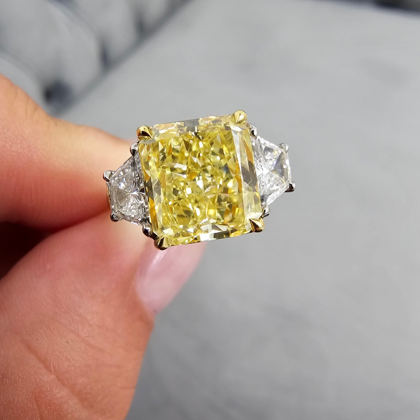 3 carat fancy yellow diamond ring. Yellow radiant cut diamond ring. Yellow engagement ring. Yellow diamond ring. Yellow diamond jewelry. Gia certified