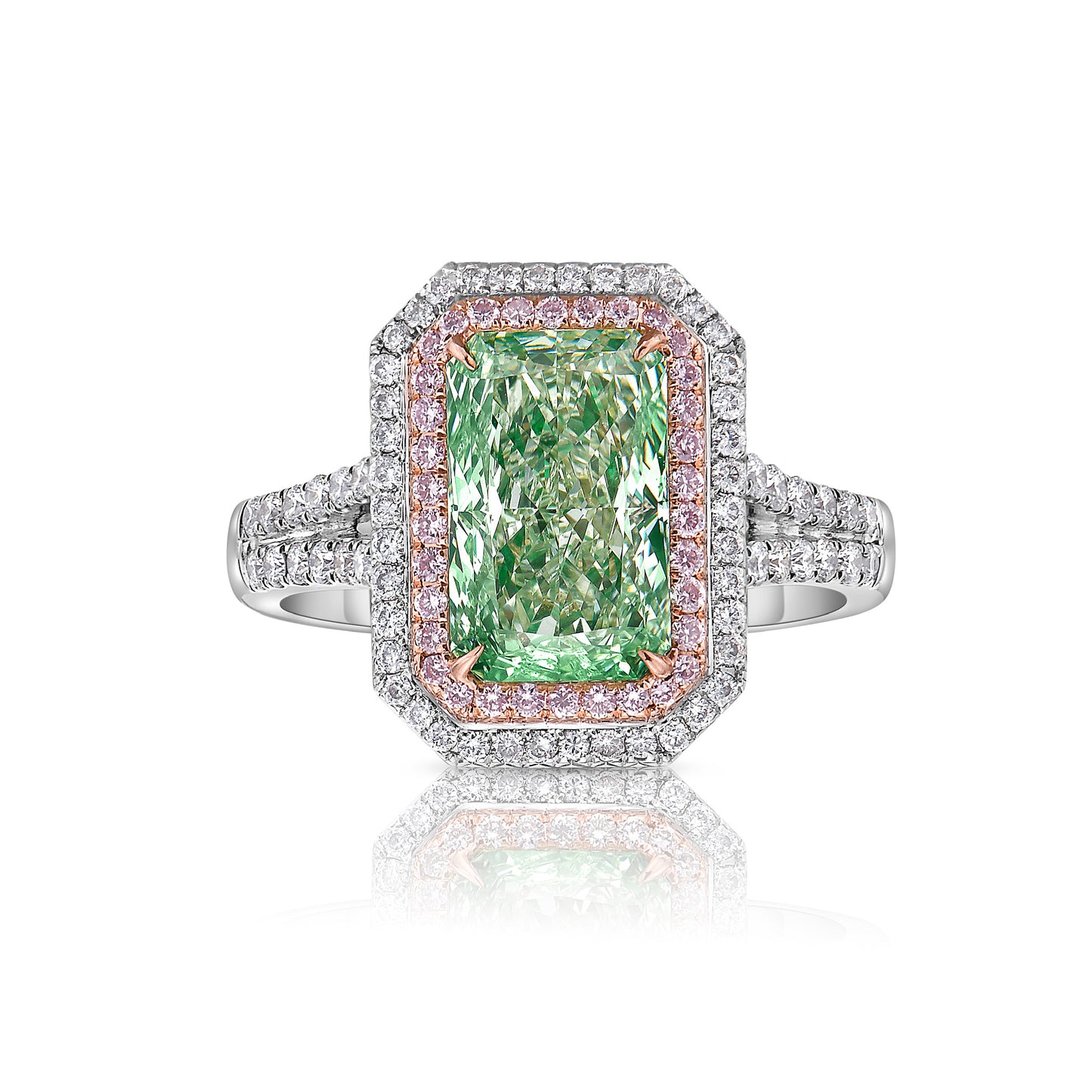 Elongated radiant green diamond ring. JLO green diamond.