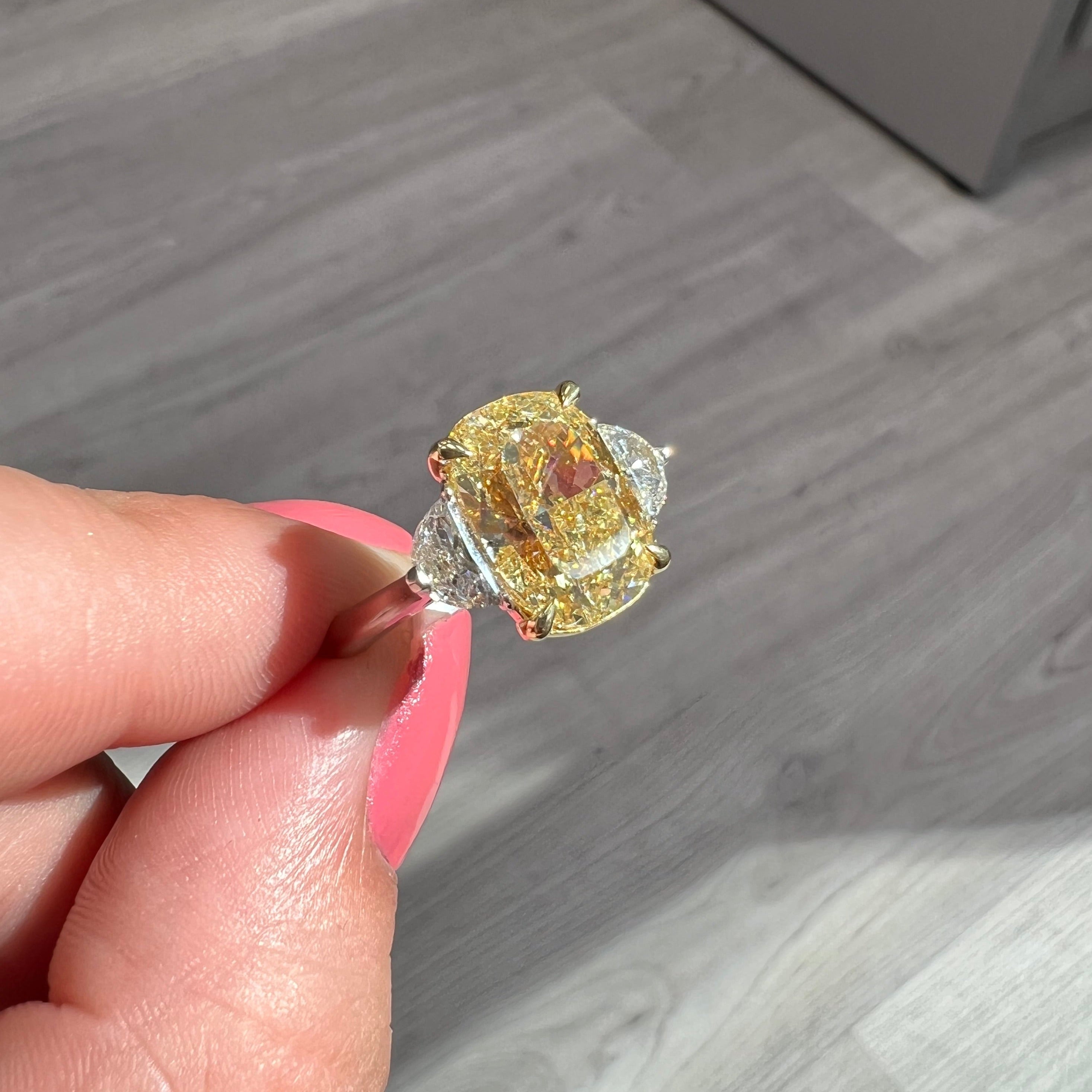3.06ct GIA Fancy Yellow Elongated Cushion Diamond Ring