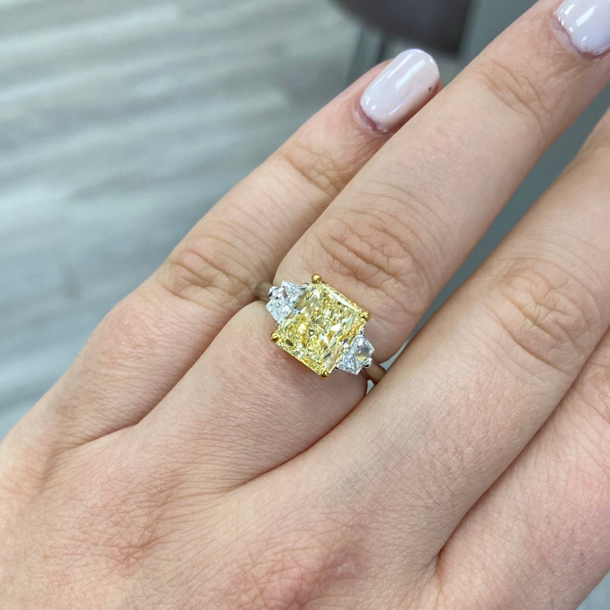3 carat yellow diamond. yellow diamond ring. yellow diamond 3 stone ring. yellow diamond radiant cut. fancy yellow diamond. Buy yellow diamonds.