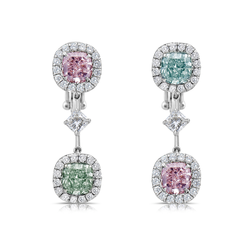 4.39ct GIA Pink & Green Diamond Drop Earrings