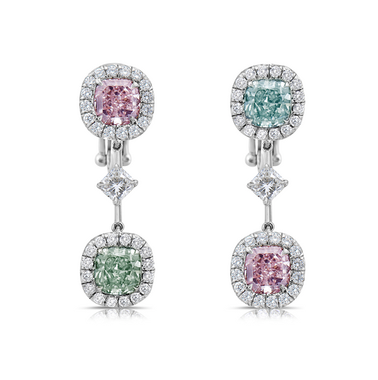 Green diamond earrings. Green diamond drop earrings. Natural green diamond jewelry. Green diamond jewelry