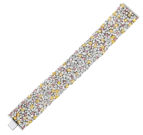 Luxurious multi-color diamond bracelet featuring pink, yellow, and white diamonds in a unique design.