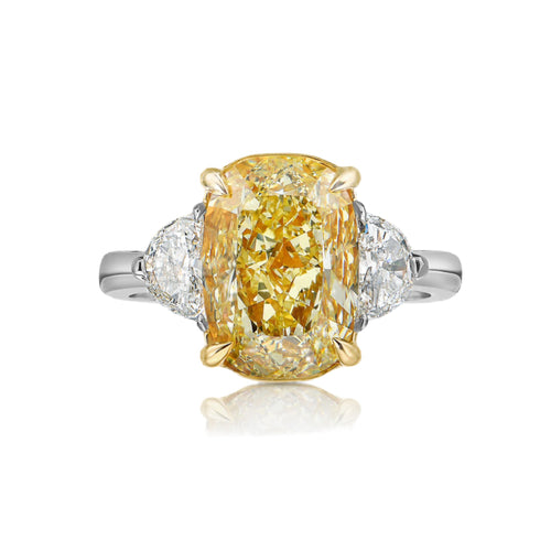 3 Carat Fancy Light Yellow Elongated Cushion Diamond Three Stone Ring