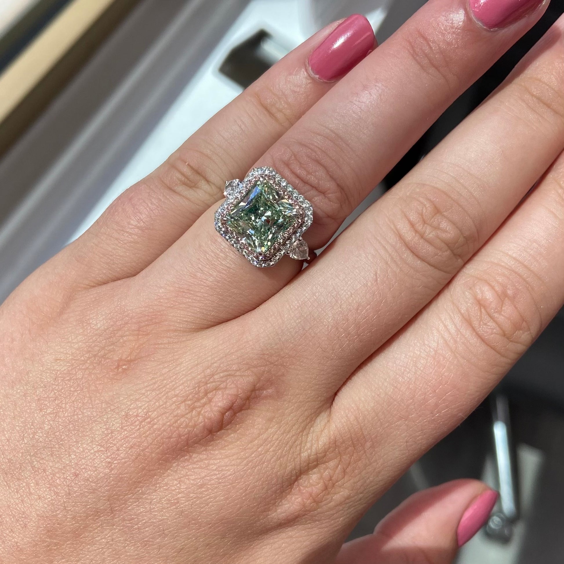 Natural green diamond ring. JLO green diamond. Green diamond jewelry.