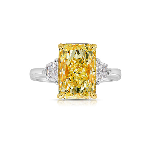 4 carat fancy yellow diamond ring. Gia certified fancy yellow diamond. Radiant cut yellow diamond. Yellow diamond engagement ring. Yellow diamond 3-stone ring. Canary diamond ring.