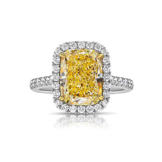 4 Carat Fancy Light Yellow Cushion Halo Diamond Ring, unique yellow diamond engagement ring
