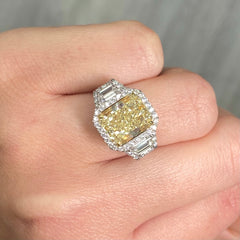 5 carat GIA Elongated Radiant Light Yellow Diamond Three-Stone Ring