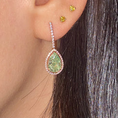 Natural green diamond earrings in a halo, diamond drop earrings with a beautiful green color