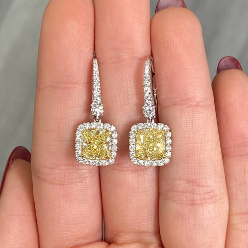 5ct Fancy Yellow VS2 Cushion Drop halo Earrings