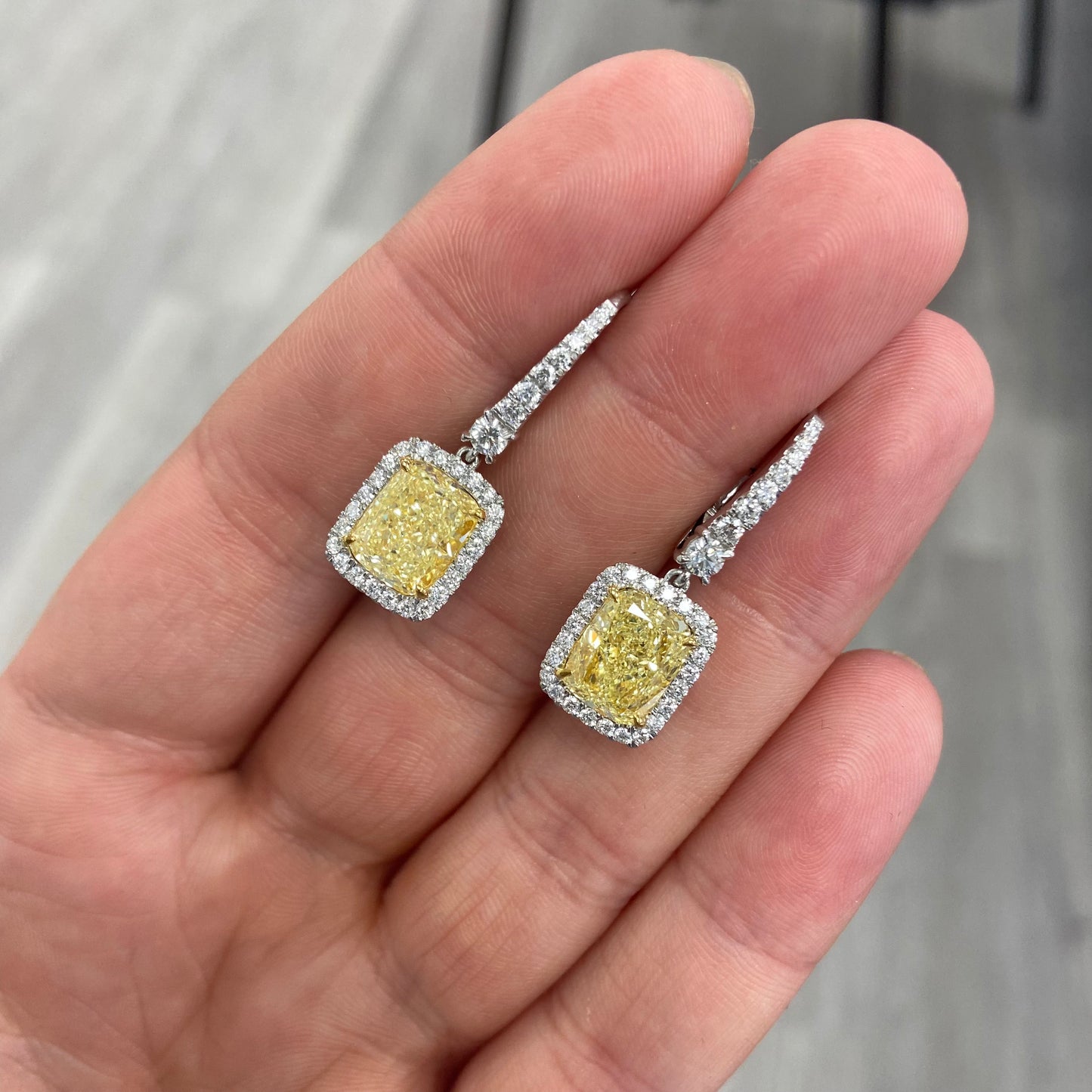 Diamond earrings, yellow diamond earrings, yellow cushion cut diamonds, yellow diamond halo, yellow diamond earrings, diamond drop earrings