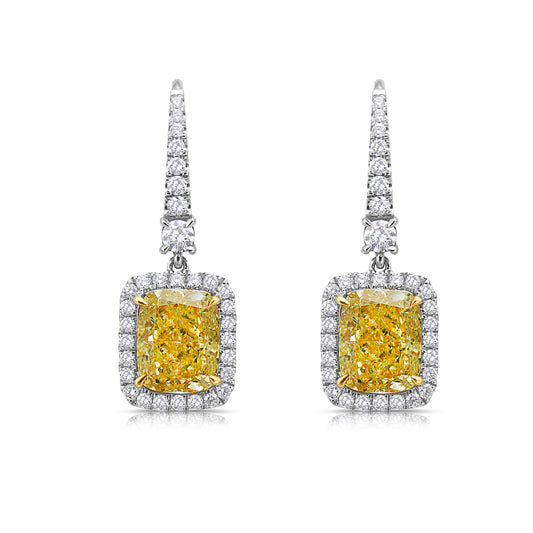 Diamond earrings, yellow diamond earrings, yellow cushion cut diamonds, yellow diamond halo, yellow diamond earrings, diamond drop earrings