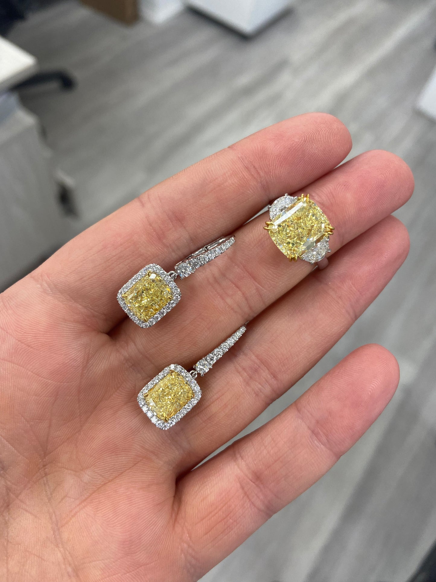 Yellow diamond drop earrings, diamond earrings, natural yellow diamonds, canary yellow diamonds, halo diamond earrings, yellow diamond earrings with diamond halo.
