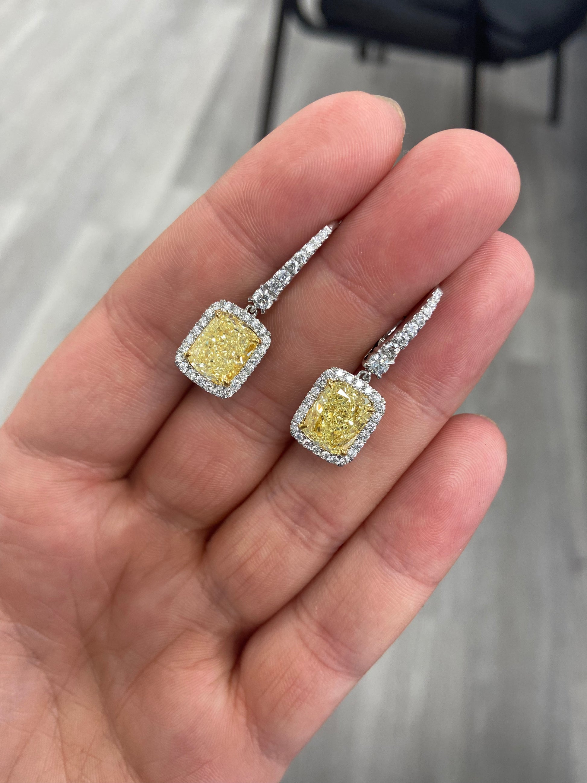 Yellow diamond drop earrings, diamond earrings, natural yellow diamonds, canary yellow diamonds, halo diamond earrings, yellow diamond earrings with diamond halo.