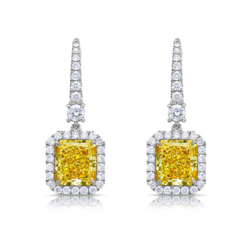 Royal yellow diamond drop earrings, diamond earrings, natural yellow diamonds, canary yellow diamonds, halo diamond earrings, yellow diamond earrings with diamond halo.