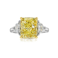 5 Carat Fancy Yellow Elongated Radiant Diamond Three Stone Ring