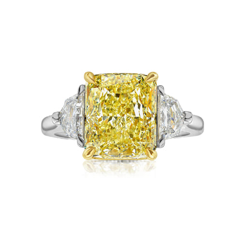 5 Carat Fancy Yellow Elongated Radiant Diamond Three Stone Ring