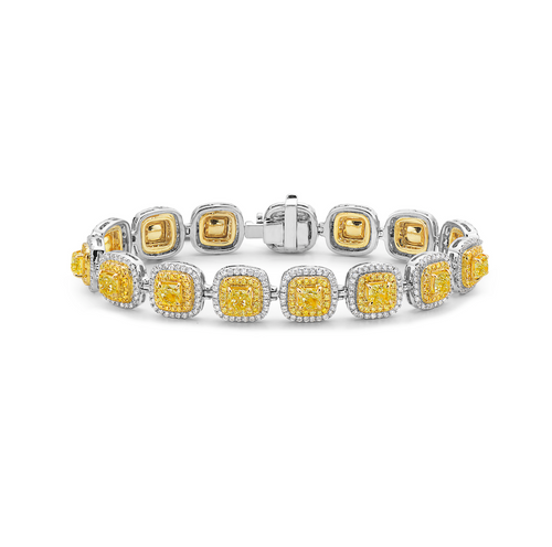 Unique yellow diamond bracelet, double halo yellow diamonds, yellow diamonds, natural yellow diamonds, canary yellow diamonds.