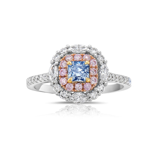 Fancy blue diamond ring, pink and blue diamonds, natural color diamonds, fancy blue radiant cut diamond.