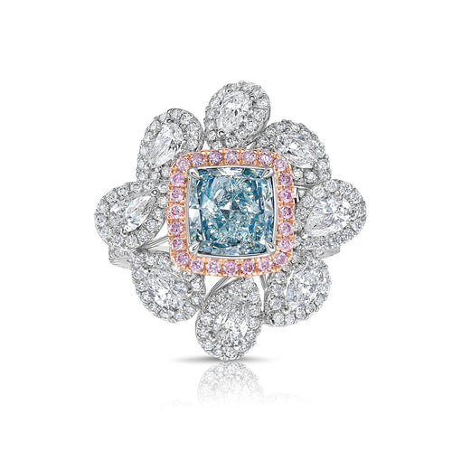 Unique multicolor Natural Blue Diamond Ring with a fancy light blue cushion cut center diamond.