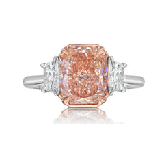 Elegant Brown-Pink Elongated Radiant Diamond Engagement Ring, Three Stone, GIA Certified, VS1 clarity.