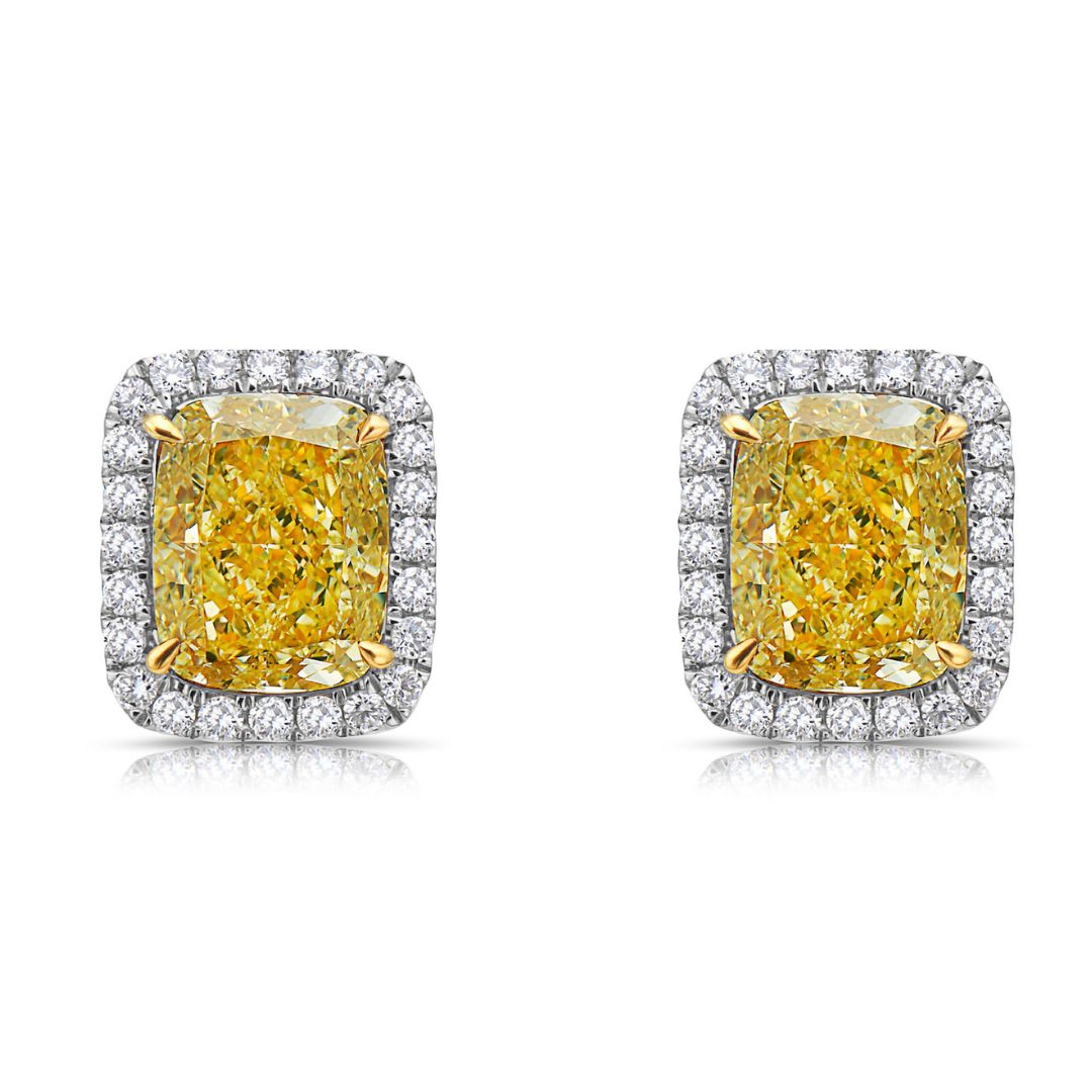 6.5ct Fancy Yellow Cushion Halo Diamond Stud Earring