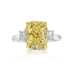 4 Carat Fancy Yellow Elongated Cushion Diamond Three Stone Ring