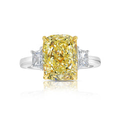 4 Carat Fancy Yellow Elongated Cushion Diamond Three Stone Ring