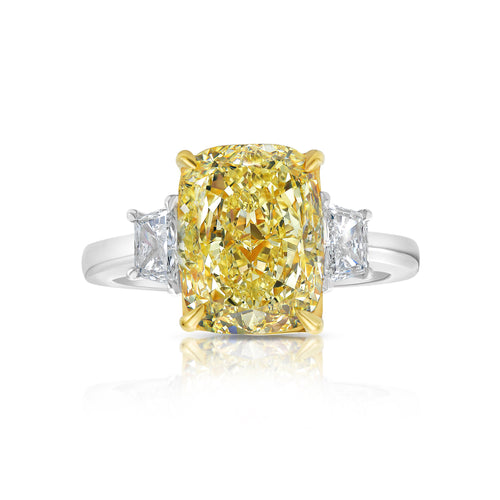 4 Carat Fancy Yellow Elongated Cushion Diamond Three Stone Ring