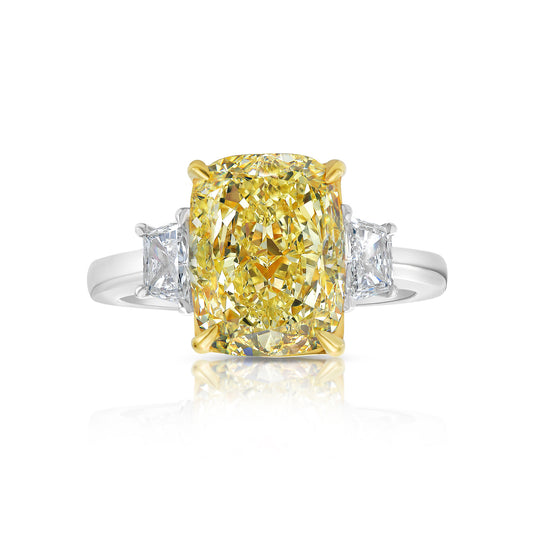 4 Carat Fancy Yellow Elongated Cushion Diamond Three Stone Ring