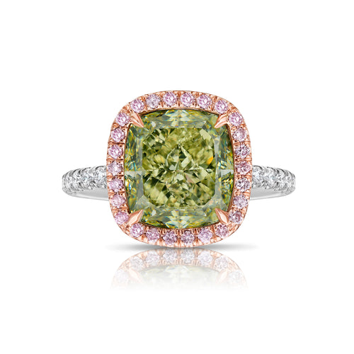 4ct Greenish Yellow Cushion Diamond in Pink Halo Engagement Ring