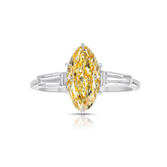 1.40 Carat Fancy Light Yellow Diamond Marquise Cut Diamond Tapered Baguette Side Diamonds VS1 Clarity GIA Certified Diamond Set in Platinum & 18K Gold Handmade in NYC