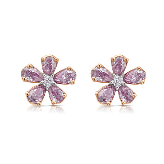 spring flower earrings, pink diamond stud earrings, dainty pink diamond earrings