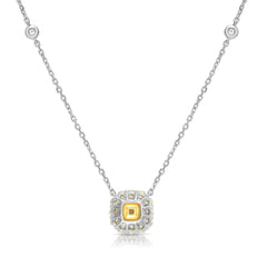 1 Carat Fancy Light Yellow Cushion with White Halo Diamond Pendant Necklace