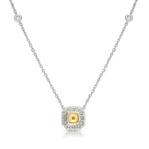 1 Carat Fancy Light Yellow Cushion with White Halo Diamond Pendant Necklace