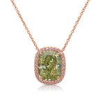 Elongated cushion green diamond pendant necklace in pink diamond necklace