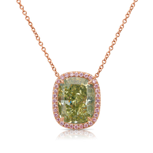 Elongated cushion green diamond pendant necklace in pink diamond necklace