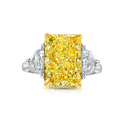 5.92ct Fancy Light Yellow Diamond Elongated Radiant Diamond Three Stone Ring