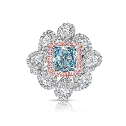 1.67 Carat Bluish Green Cushion Diamond Cocktail Ring