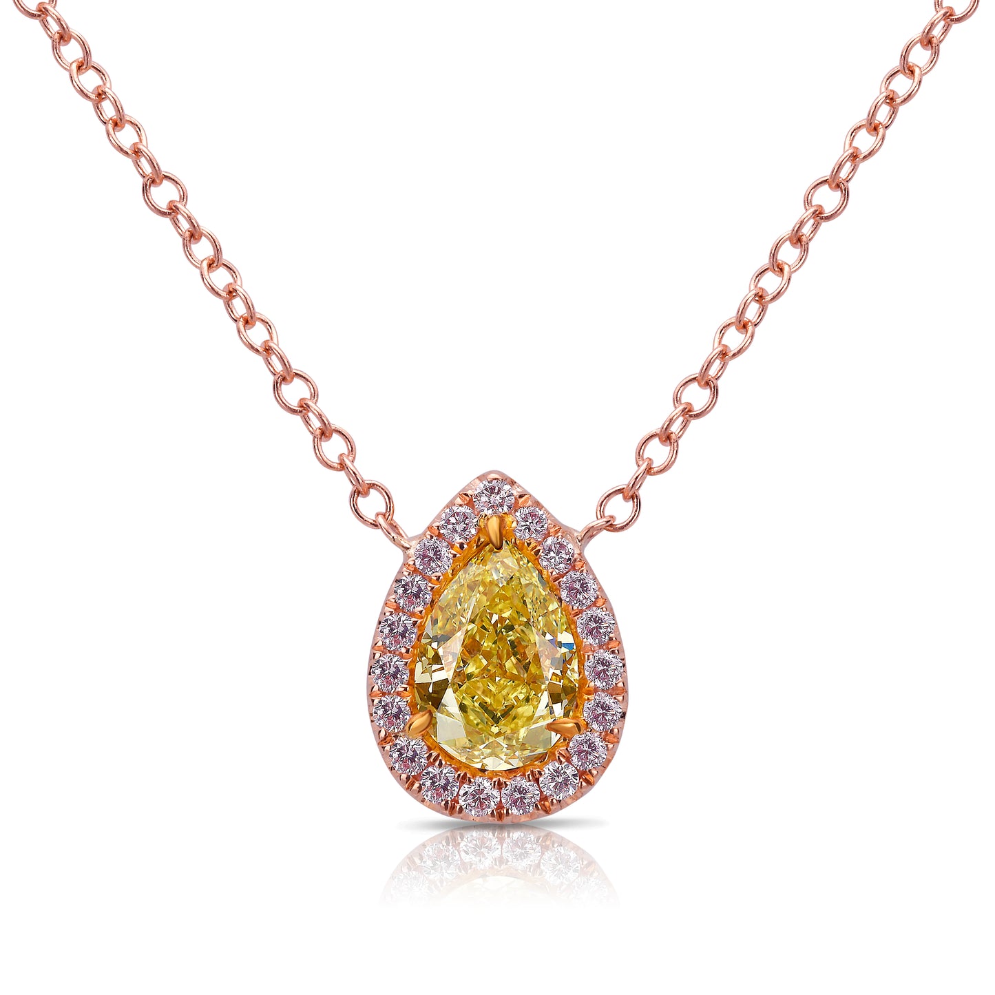 0.96 Carat Center Fancy Intense Yellow Pear Shape Diamond VVS2 Clarity 0.37 Carats Pink and White Surrounding Round Diamonds GIA Certified Diamond Crafted in 18k Rose Gold