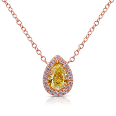 0.96 Carat Center Fancy Intense Yellow Pear Shape Diamond VVS2 Clarity 0.37 Carats Pink and White Surrounding Round Diamonds GIA Certified Diamond Crafted in 18k Rose Gold