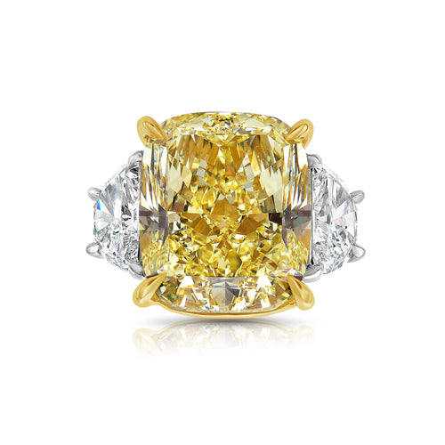 16 Carat Fancy Yellow Diamond Elongated Cushion Three Stone Ring