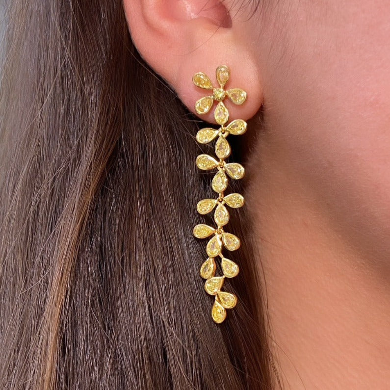 Yellow Diamond Drop Earrings. Flower diamond drop earrings. unique diamond drop earrings