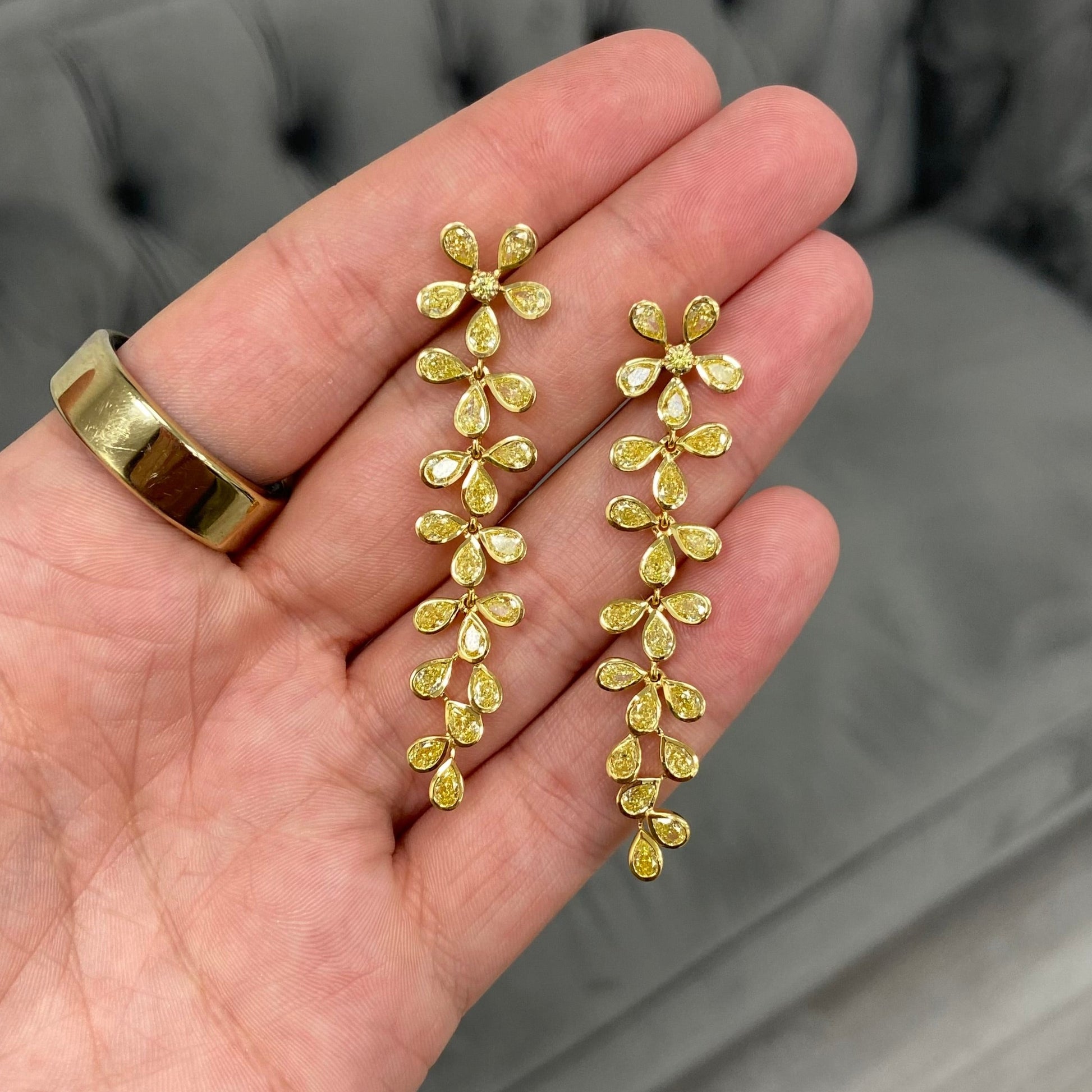 Yellow Diamond Drop Earrings. Flower diamond drop earrings. unique diamond drop earrings