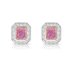 Natural pink elongated radiant diamond studs with GIA certified pink center and white diamond accents.